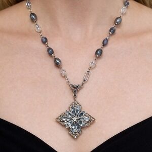 Vintage Silver Tone Crystal Cross Pendant Necklace Beaded Chain